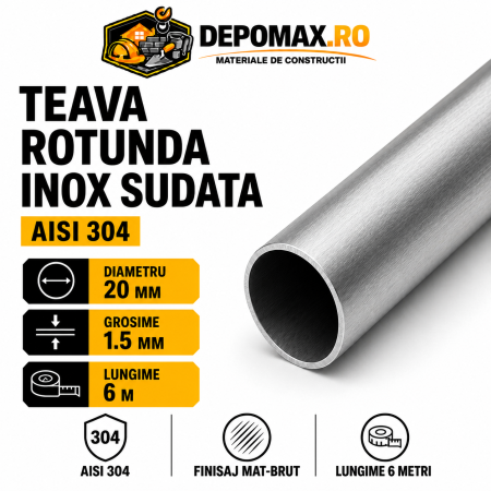 Teava rotunda inox sudata AISI 304, 20 x 1.5 mm, 6 metri